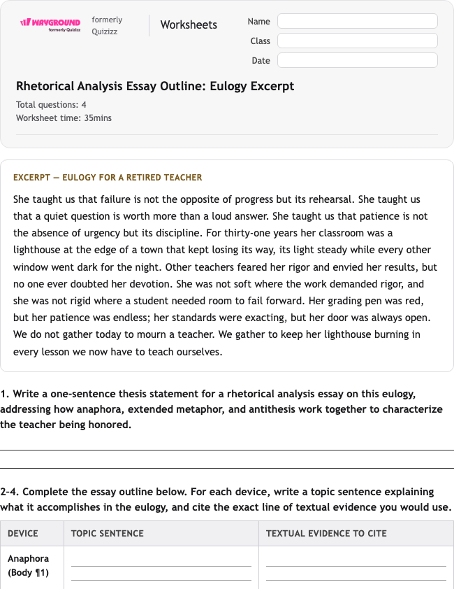 Figurative Language: Rhetorical Analysis Essay Outline - Dapat dicetak Bahasa-figuratif Lembar-kerja Kelas 12 - Wayground
