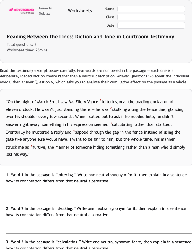 Reading Between the Lines: Diction and Tone in Courtroom Testimony - Dapat dicetak Bahasa-figuratif Lembar-kerja Kelas 12 - Wayground