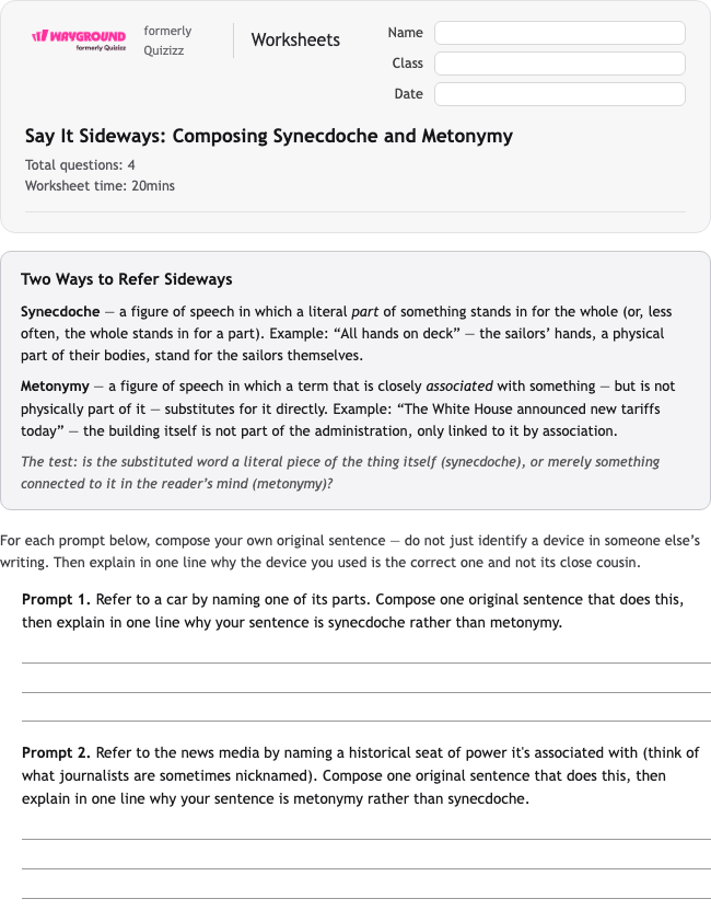 Say It Sideways: Composing Synecdoche and Metonymy - Dapat dicetak Bahasa-figuratif Lembar-kerja Kelas 12 - Wayground