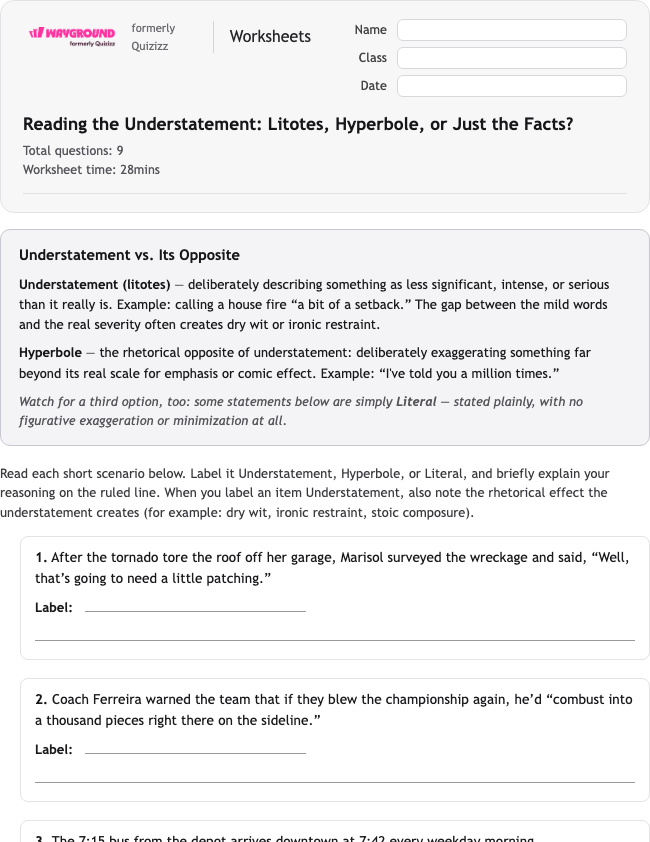 Reading the Understatement: Litotes, Hyperbole, or Just the Facts? - Dapat dicetak Bahasa-figuratif Lembar-kerja Kelas 12 - Wayground