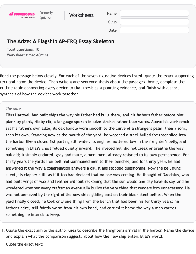 The Adze: A Flagship AP-FRQ Essay Skeleton - Dapat dicetak Bahasa-figuratif Lembar-kerja Kelas 12 - Wayground