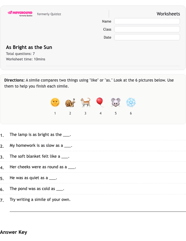 As Bright as the Sun - Dapat dicetak Bahasa-figuratif Lembar-kerja Kelas 1 - Wayground