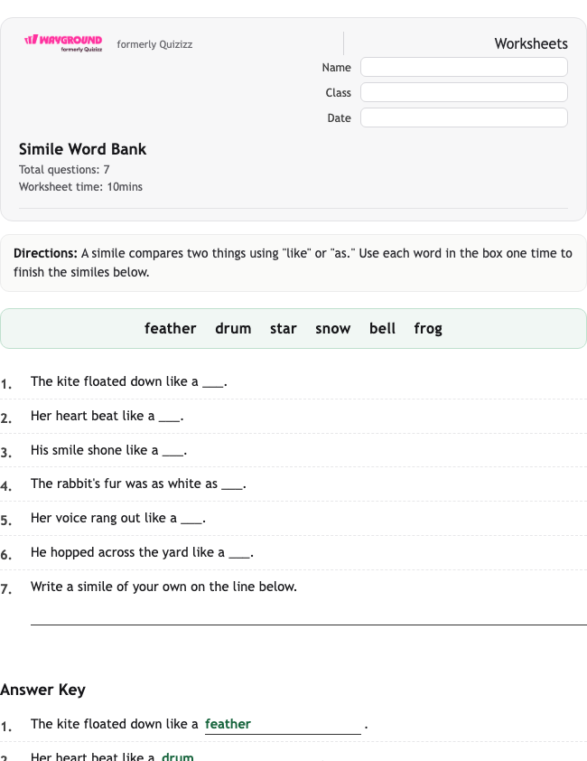 Simile Word Bank - Dapat dicetak Bahasa-figuratif Lembar-kerja Kelas 1 - Wayground