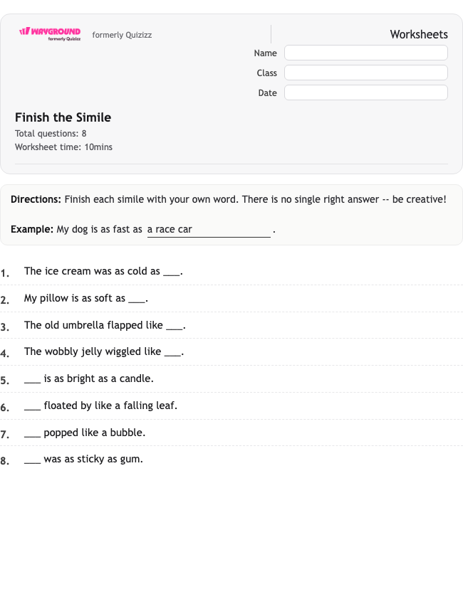 Finish the Simile - Dapat dicetak Bahasa-figuratif Lembar-kerja Kelas 1 - Wayground