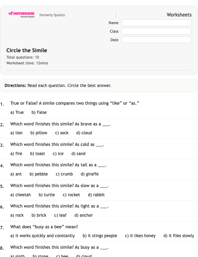 Circle the Simile - Dapat dicetak Bahasa-figuratif Lembar-kerja Kelas 1 - Wayground