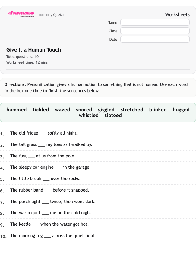 Give It a Human Touch - Dapat dicetak Bahasa-figuratif Lembar-kerja Kelas 1 - Wayground