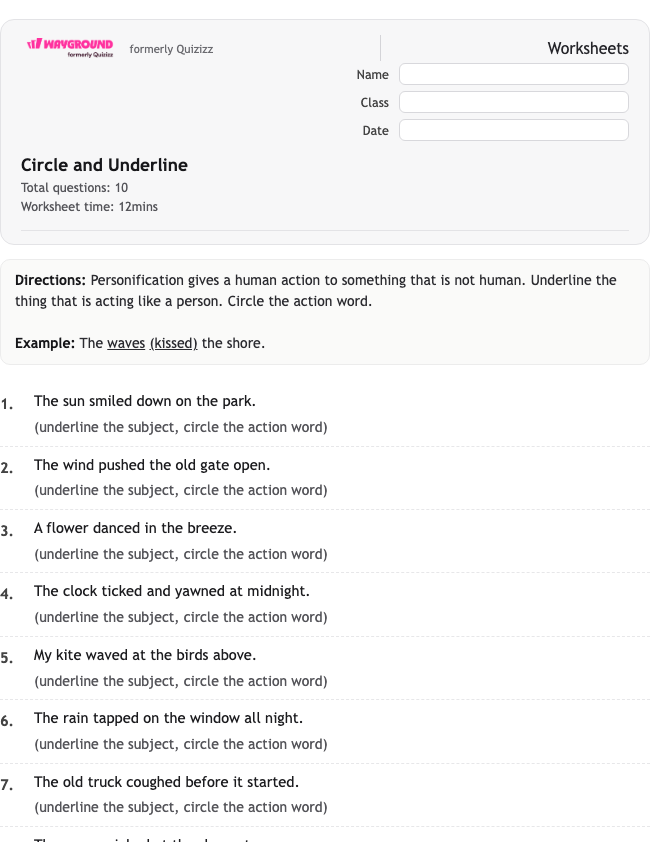 Circle and Underline - Dapat dicetak Bahasa-figuratif Lembar-kerja Kelas 1 - Wayground