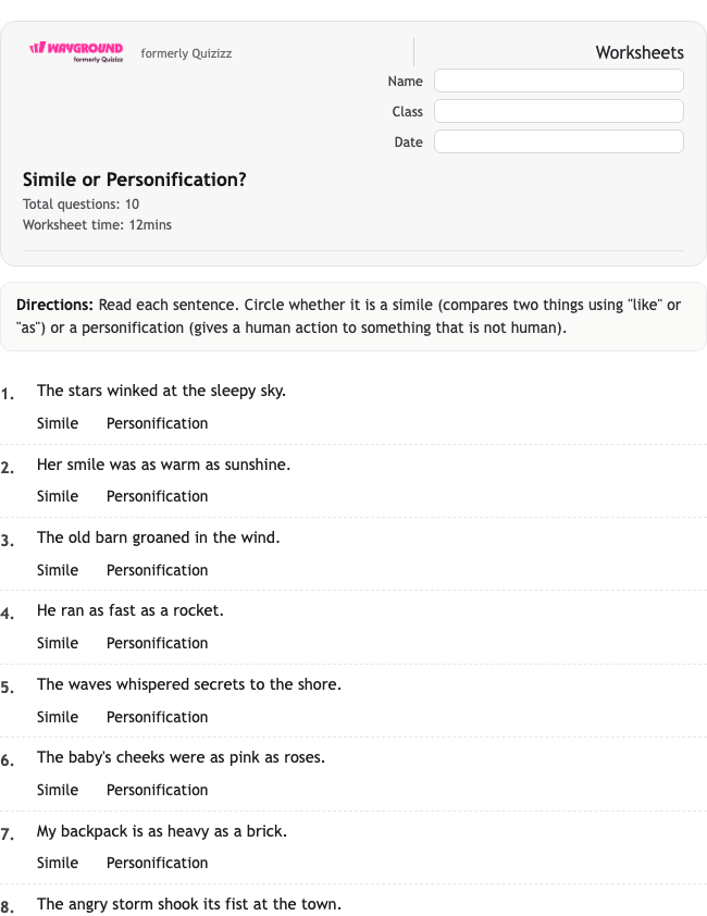 Simile or Personification? - Dapat dicetak Bahasa-figuratif Lembar-kerja Kelas 1 - Wayground