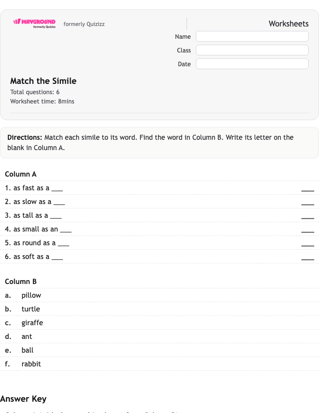 Match the Simile - Dapat dicetak Bahasa-figuratif Lembar-kerja Kelas 1 - Wayground