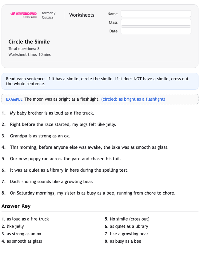 Circle the Simile - Printable Figurative-language Worksheets Class 2 - Wayground