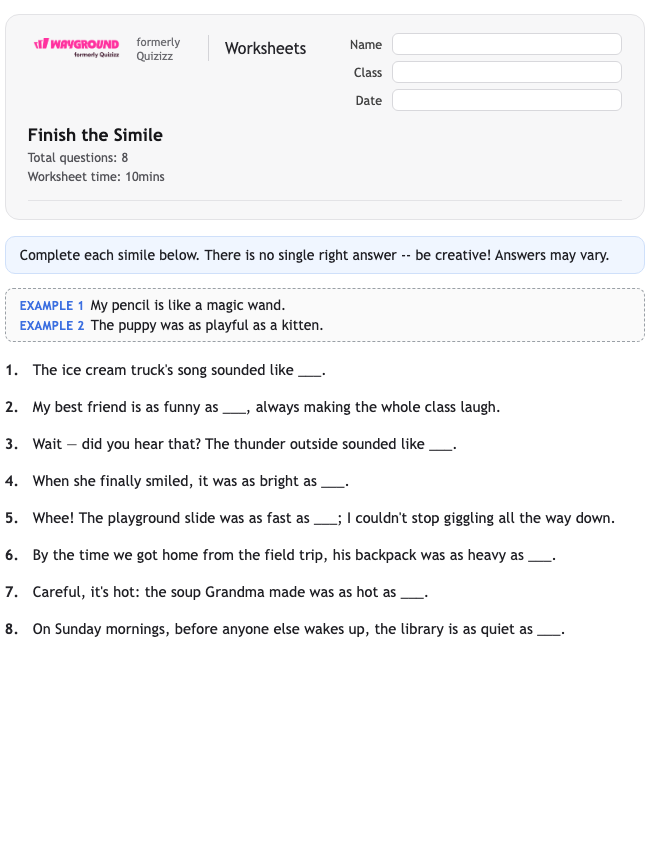 Finish the Simile - Printable Figurative-language Worksheets Class 2 - Wayground