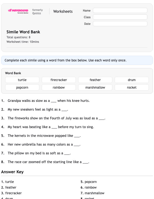 Simile Word Bank - Printable Figurative-language Worksheets Class 2 - Wayground