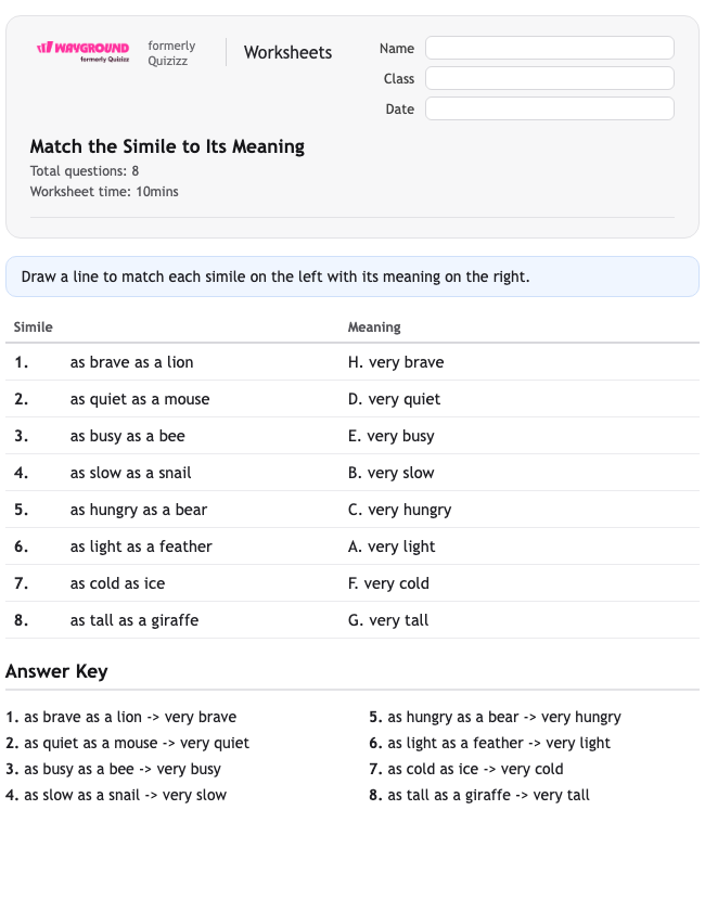 Match the Simile to Its Meaning - Printable Figurative-language Worksheets Class 2 - Wayground