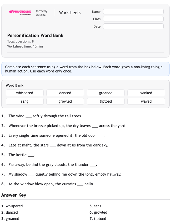 Personification Word Bank - Printable Figurative-language Worksheets Class 2 - Wayground