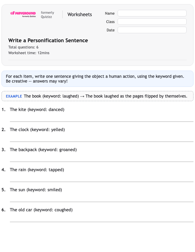 Write a Personification Sentence - Printable Figurative-language Worksheets Class 2 - Wayground