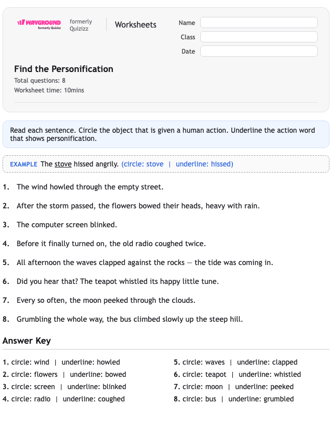 Find the Personification - Printable Figurative-language Worksheets Class 2 - Wayground