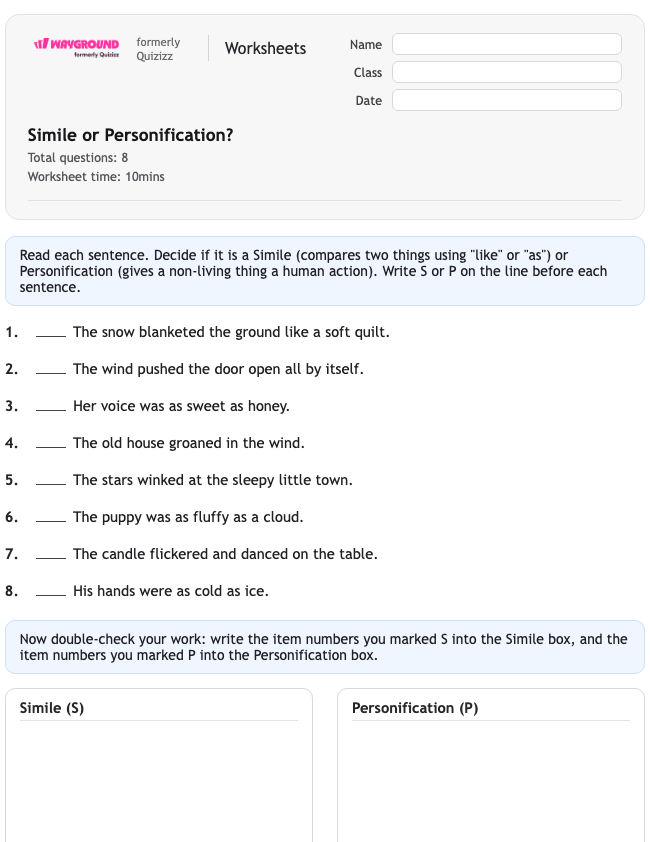 Simile or Personification? - Printable Figurative-language Worksheets Class 2 - Wayground