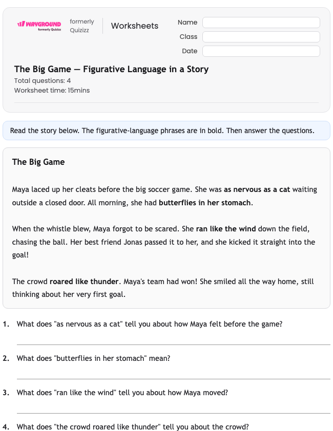 The Big Game — Figurative Language in a Story - Printable Figurative-language Worksheets Class 2 - Wayground