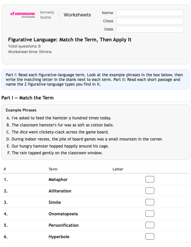 Figurative Language: Match the Term, Then Apply It - Printable Figurative-language Worksheets Class 3 - Wayground