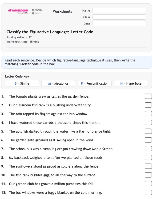Classify the Figurative Language: Letter Code - Printable Figurative-language Worksheets Class 3 - Wayground