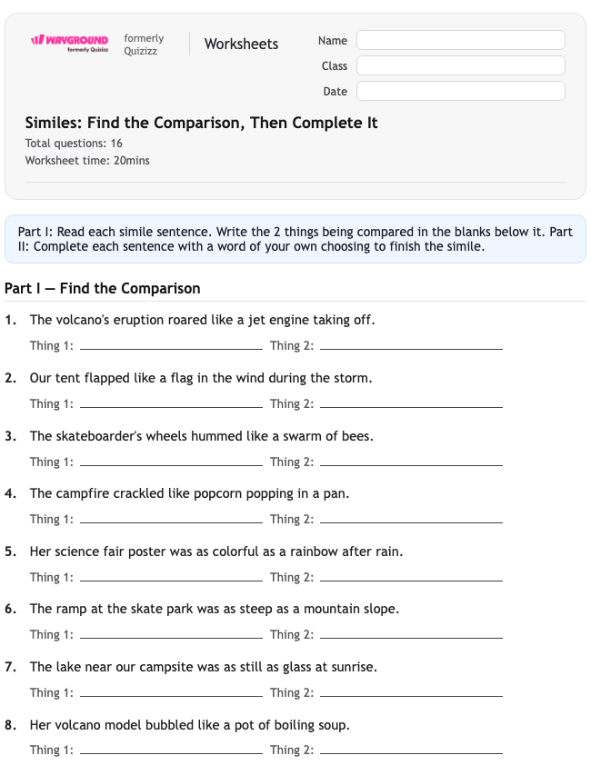 Similes: Find the Comparison, Then Complete It - Printable Figurative-language Worksheets Class 3 - Wayground