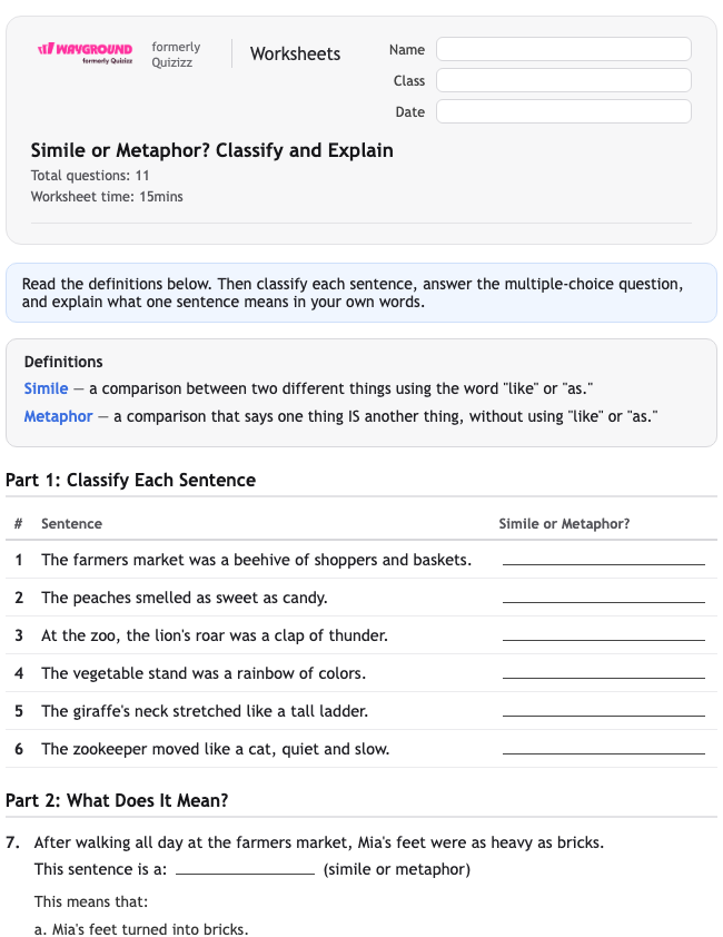 Simile or Metaphor? Classify and Explain - Printable Figurative-language Worksheets Class 3 - Wayground