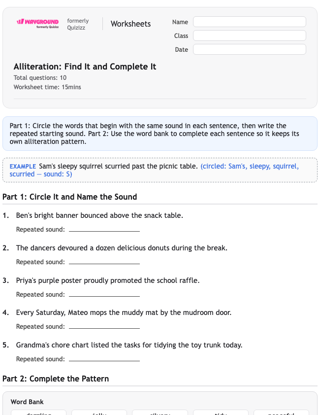 Alliteration: Find It and Complete It - Printable Figurative-language Worksheets Class 3 - Wayground