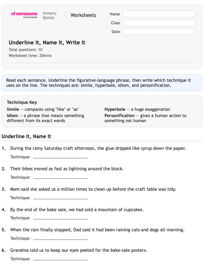 Underline It, Name It, Write It - Printable Figurative-language Worksheets Class 3 - Wayground