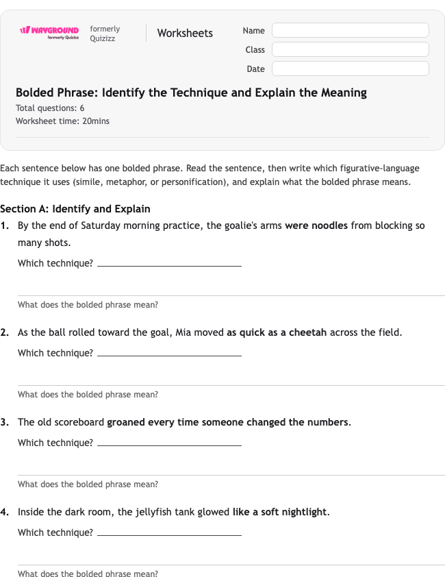 Bolded Phrase: Identify the Technique and Explain the Meaning - Printable Figurative-language Worksheets Class 3 - Wayground