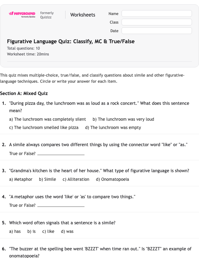 Figurative Language Quiz: Classify, Multiple Choice & True/False - Printable Figurative-language Worksheets Class 3 - Wayground