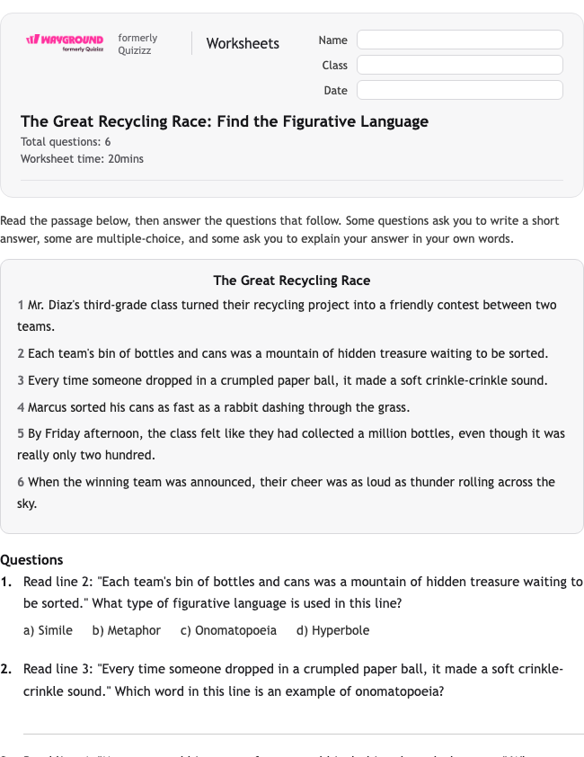 The Great Recycling Race: Find the Figurative Language - Printable Figurative-language Worksheets Class 3 - Wayground
