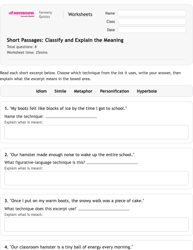 Short Passages: Classify and Explain the Meaning - Printable Figurative-language Worksheets Class 3 - Wayground