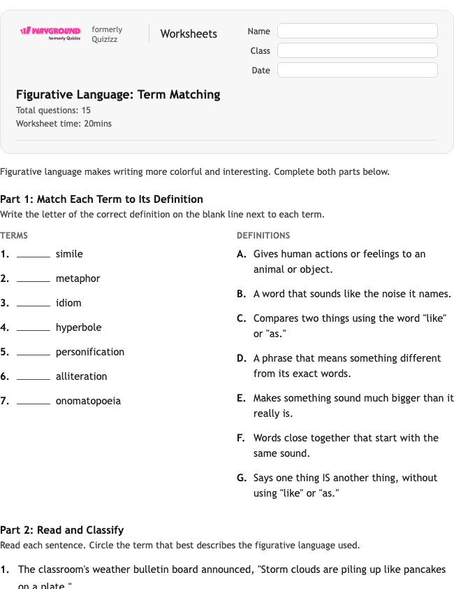Figurative Language: Term Matching - Printable Figurative-language Worksheets Class 4 - Wayground
