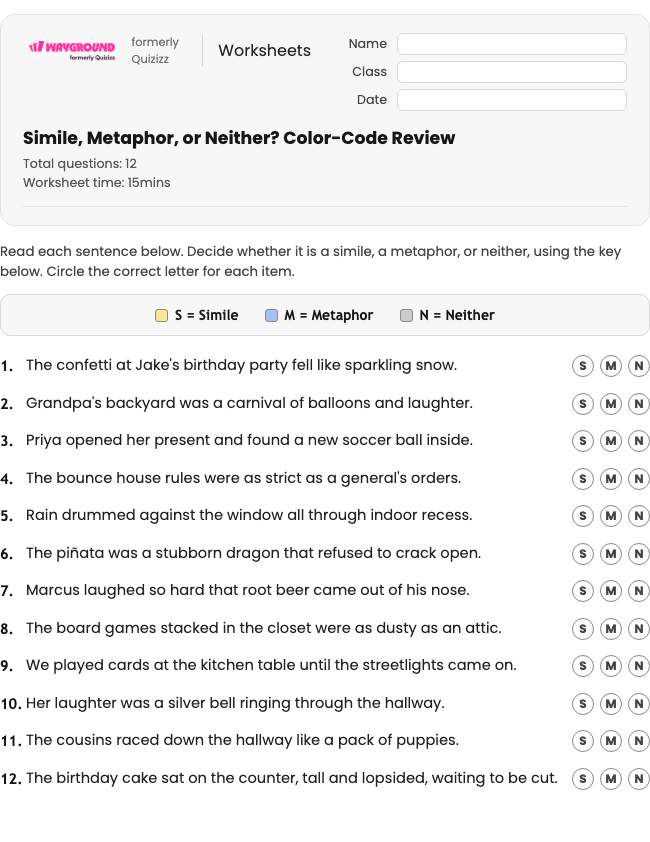 Simile, Metaphor, or Neither? Color-Code Review - Printable Figurative-language Worksheets Class 4 - Wayground