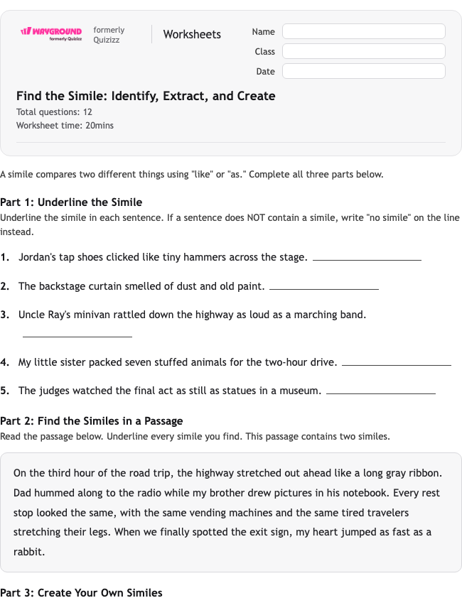 Find the Simile: Identify, Extract, and Create - Printable Figurative-language Worksheets Class 4 - Wayground
