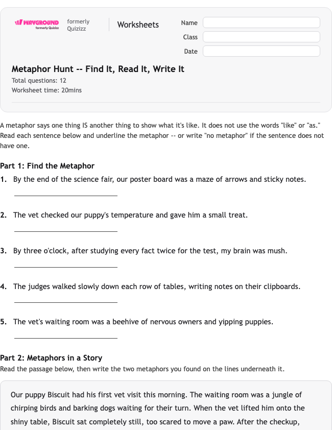 Metaphor Hunt -- Find It, Read It, Write It - Printable Figurative-language Worksheets Class 4 - Wayground