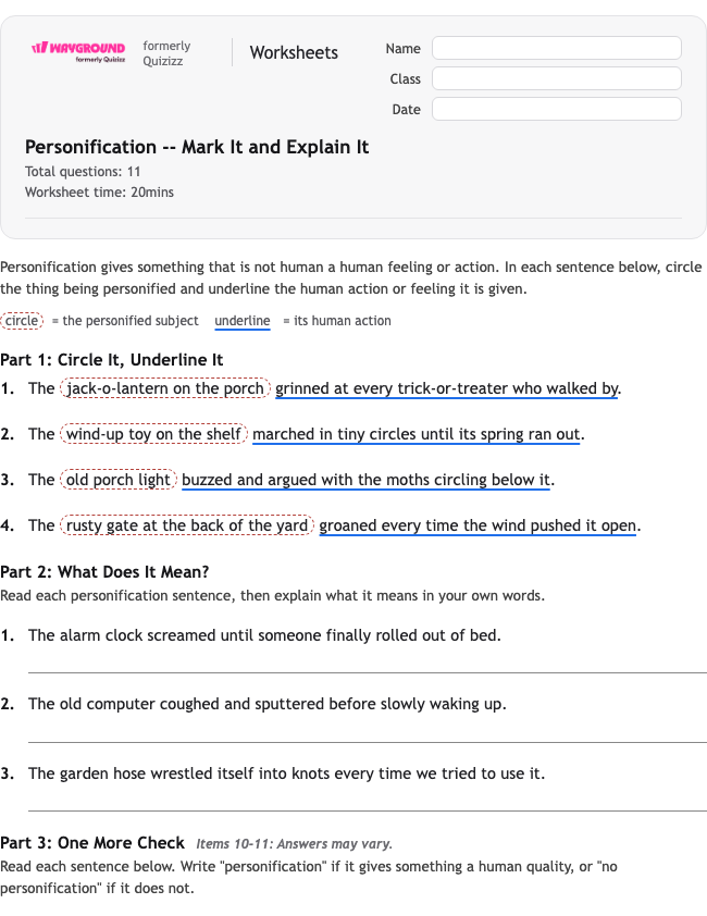 Personification -- Mark It and Explain It - Printable Figurative-language Worksheets Class 4 - Wayground