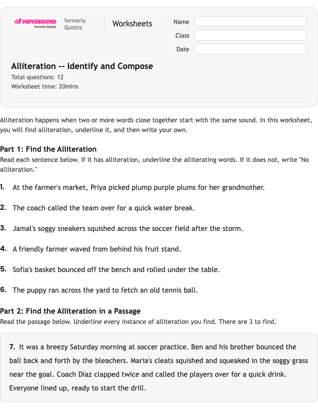 Alliteration -- Identify and Compose - Printable Figurative-language Worksheets Class 4 - Wayground