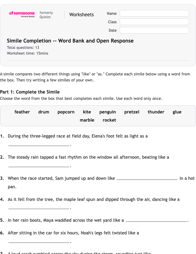 Simile Completion -- Word Bank and Open Response - Printable Figurative-language Worksheets Class 4 - Wayground