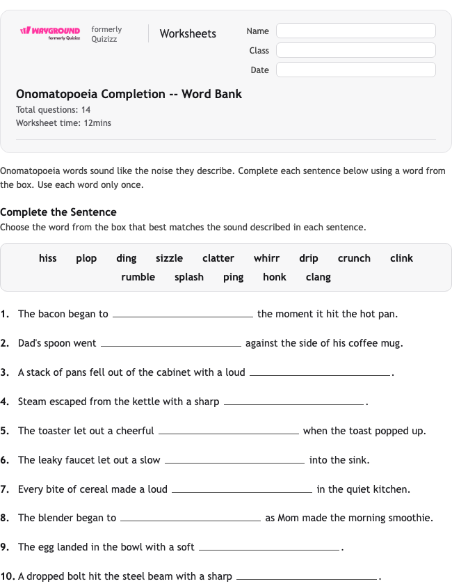 Onomatopoeia Completion -- Word Bank - Printable Figurative-language Worksheets Class 4 - Wayground