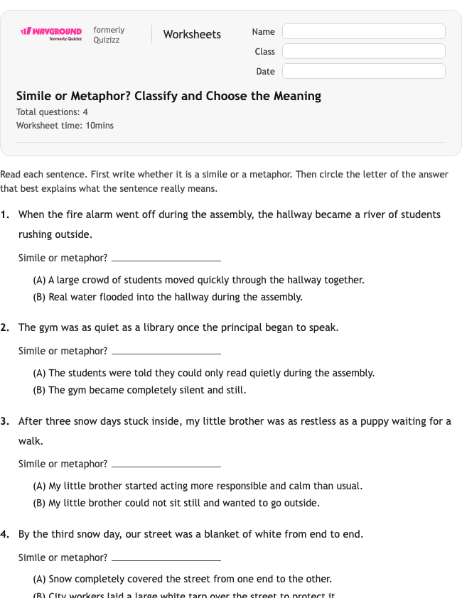Simile or Metaphor? Classify and Choose the Meaning - Printable Figurative-language Worksheets Class 4 - Wayground