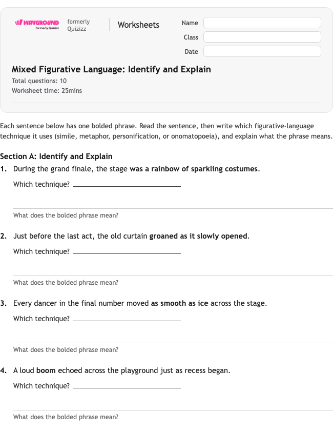 Mixed Figurative Language: Identify and Explain - Printable Figurative-language Worksheets Class 4 - Wayground