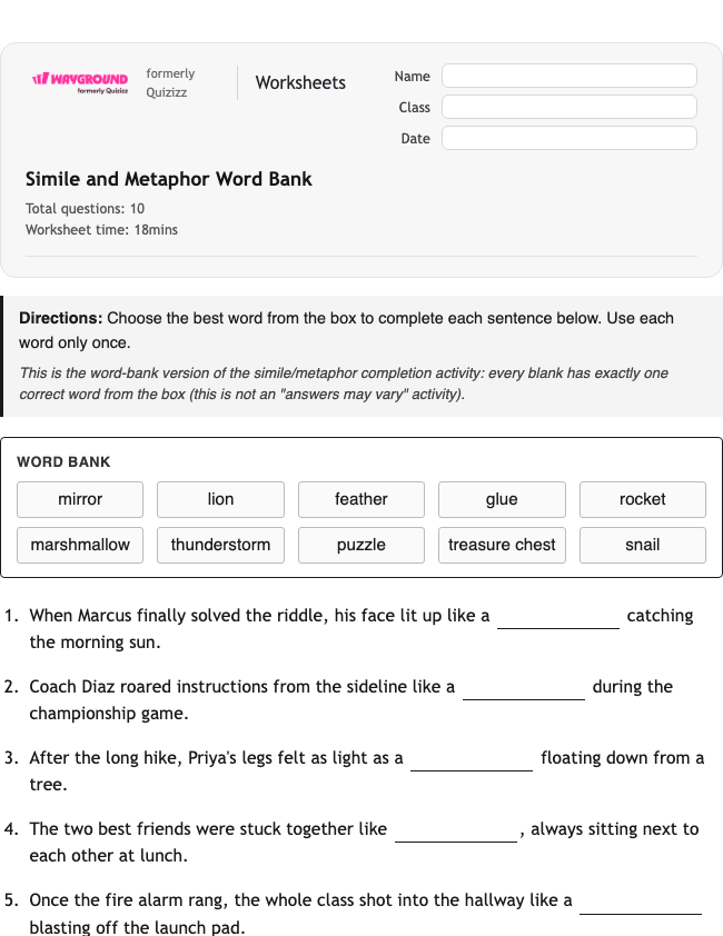 Simile and Metaphor Word Bank - Printable Figurative-language Worksheets Class 5 - Wayground