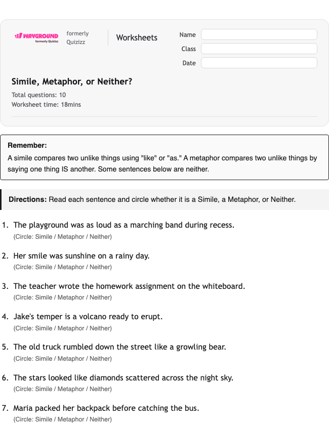 Simile, Metaphor, or Neither? - Printable Figurative-language Worksheets Class 5 - Wayground