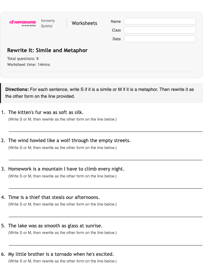 Rewrite It: Simile and Metaphor - Printable Figurative-language Worksheets Class 5 - Wayground