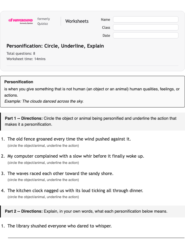Personification: Circle, Underline, Explain - Printable Figurative-language Worksheets Class 5 - Wayground