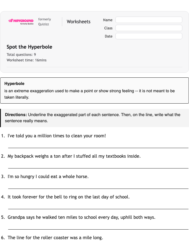 Spot the Hyperbole - Printable Figurative-language Worksheets Class 5 - Wayground