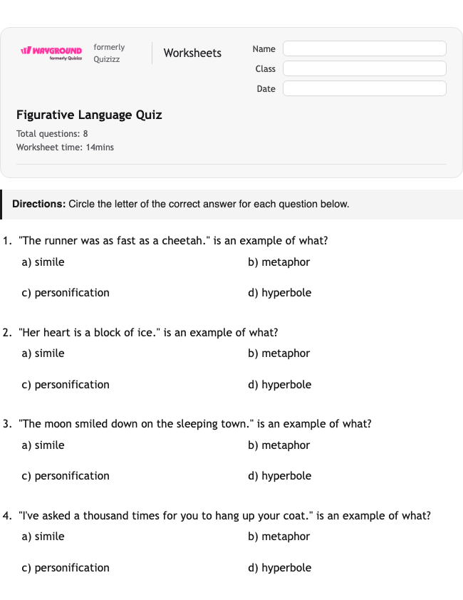 Figurative Language Quiz - Printable Figurative-language Worksheets Class 5 - Wayground
