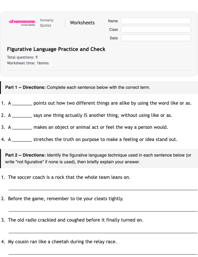 Figurative Language Practice and Check - Printable Figurative-language Worksheets Class 5 - Wayground