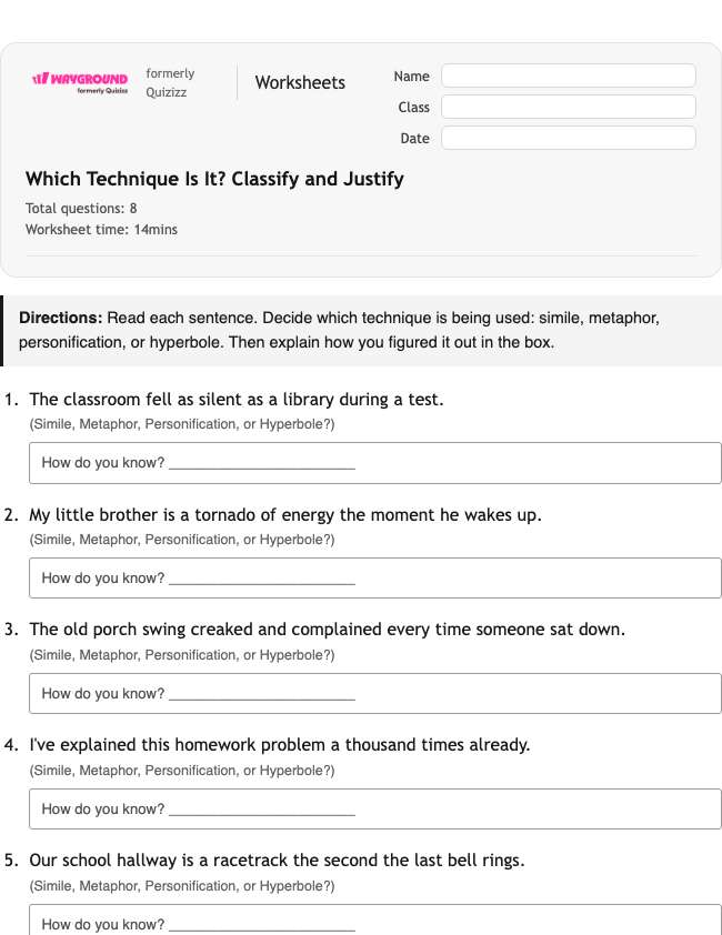 Which Technique Is It? Classify and Justify - Printable Figurative-language Worksheets Class 5 - Wayground
